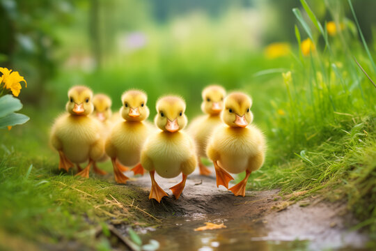 Adorable Ducklings Walking in Nature