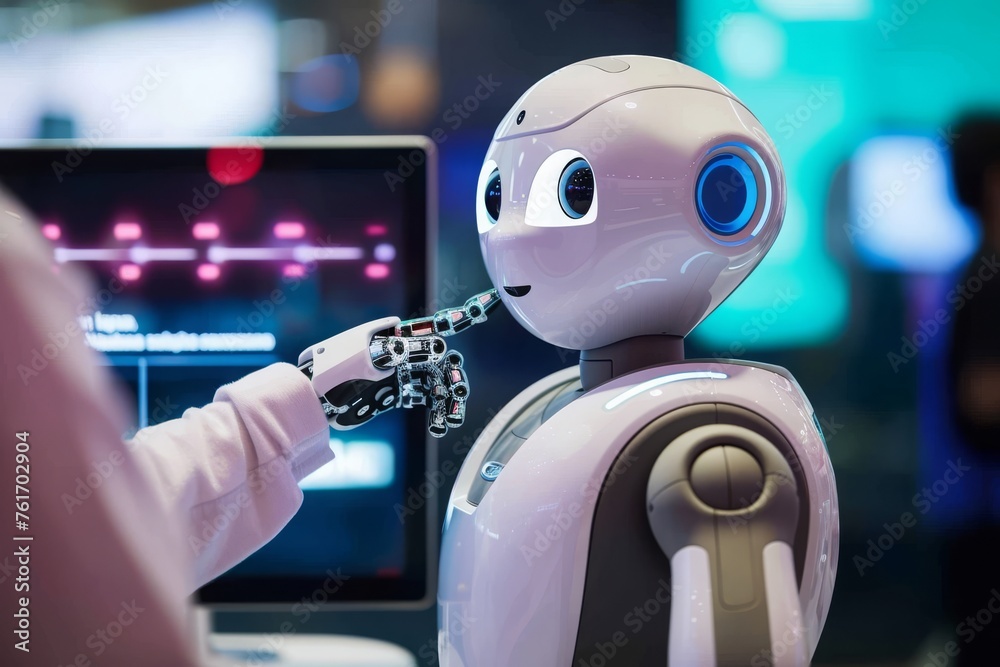 Aufkleber a robot sits in a seated position while facing a computer screen, a person interacting with a robot 