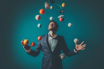 A man dressed in a suit is skillfully tossing multiple balls into the air and catching them, A person juggling between personal and professional calls, AI Generated