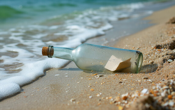 Message in a Bottle on a Sunny Beach Shore