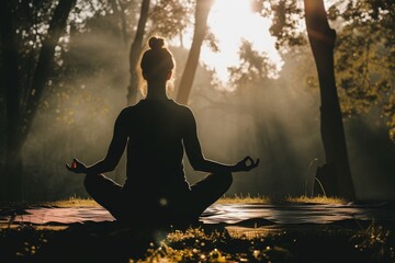 A woman is seen sitting in the middle of a forest, engaging in a yoga practice, A person practicing yoga for holistic wellness, AI Generated