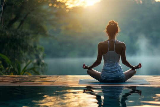 A woman is seated in a yoga pose beside a pool, engaging in a mindful and meditative practice, A person practicing yoga for holistic wellness, AI Generated