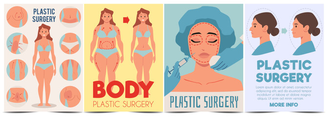 Types of plastic surgery infographics, facial and body lift correction and reduction, rhinoplasty liposuction vector set