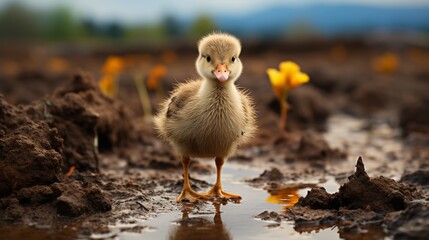 Small Duck in Puddle - obrazy, fototapety, plakaty