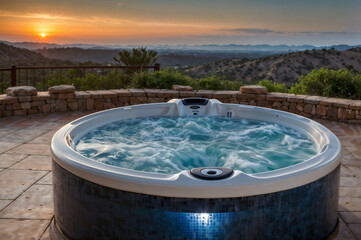Fototapeta na wymiar Bubbling hot tub with panoramic sunset views over rolling hills.