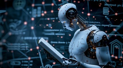 Fototapeta premium Humanoid ai robot with book surrounded by holographic math formulas on blurred background