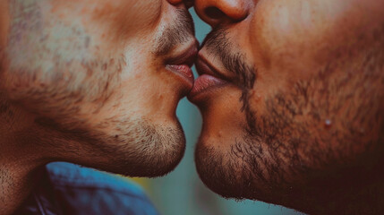 two men kiss and love. Selective focus. - obrazy, fototapety, plakaty