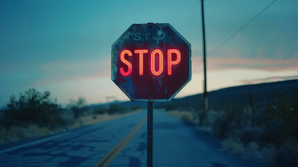 
Retro Stop Sign, Faded Rust Neon Stop Sign, Cyberpunk 