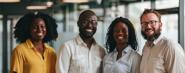 Group of diverse colleagues smiling in modern office