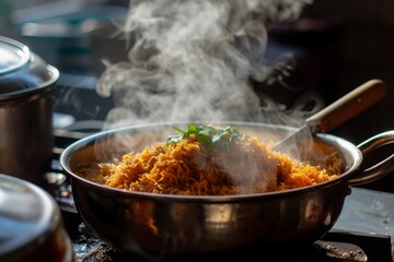 A pot of food emits steam as it cooks, creating a captivating visual of heat and flavors infusing together, A pot of biryani being unveiled, with steam wafting out, AI Generated