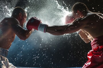 A photo capturing the presence of two men standing side by side in a boxing ring, ready for a match, A powerful boxing knockout moment captured in slow motion, AI Generated - obrazy, fototapety, plakaty