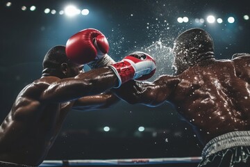 Two men engaged in a boxing match inside a boxing ring, throwing punches and blocking each others attacks, A powerful boxing knockout moment captured in slow motion, AI Generated