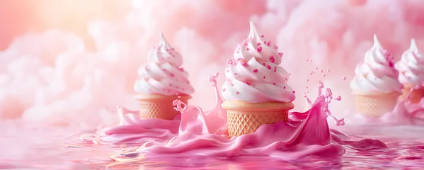 Foto op Plexiglas Ice cream with swirling cream, set against a backdrop of soft pink clouds and splashing milk. Creative dessert marketing © Svetlana Kolpakova