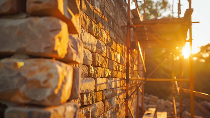 A brick wall with scaffolding in the background - obrazy, fototapety, plakaty