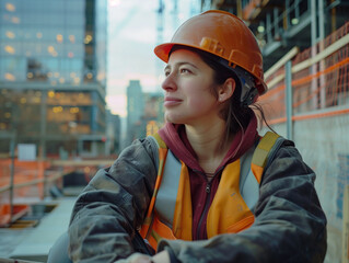 A woman wearing a hard hat and safety vest sits on a ledge