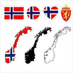 Set of Norway flag and coat of arms icons. National flag of the Kingdom of Norway