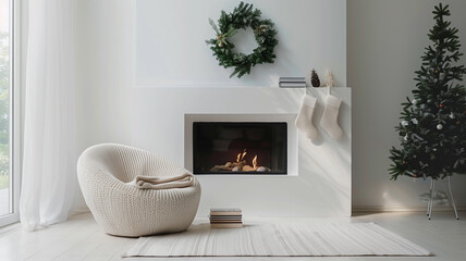 A white room with a fireplace and a wreath on the mantle