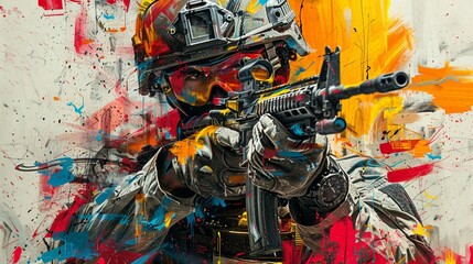 Soldier in graffiti art style, holding a gun, military theme with urban art twist, vibrant and edgy portrayal, bold and expressive colors, street art inspired military representation, dynamic and powe