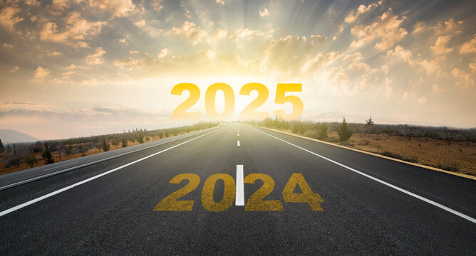 Change of calendar. 2024 anniversary. Transition from 2023 to the new year. Golden sunrise on asphalt empty road. New year concept with the number 2024 on the horizon.