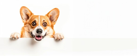  Portrait of happy corgi dog peeking over edge and looking at camera isolated on white background with copy space, studio shot, horizontal background