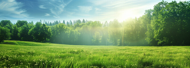 Beautiful natural landscape of meadow in the sunny day for summer background, panorama of grass...