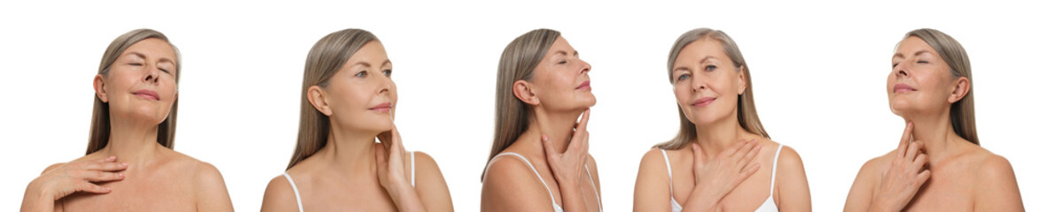 Woman touching her neck on white background, set of photos