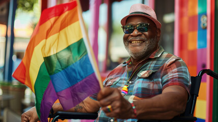 Old disabled black man in a wheelchair. African American male with grey beard and a rainbow flag enjoying a pride festival. Celebrating diversity, inclusion and the LGBTQIA community in his home town.