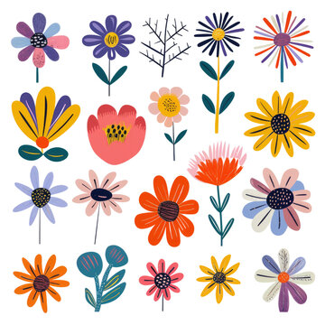 Flat Design Wildflowers and Foliage Set. A flat design set of wildflowers and foliage, ideal for modern graphic projects and botanical illustrations.

