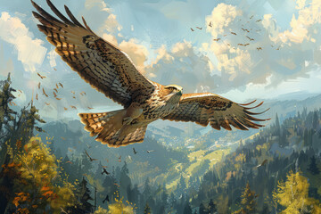 A majestic bird of prey soaring through the air, surveying the landscape below, representing the delicate balance of predator and prey - obrazy, fototapety, plakaty