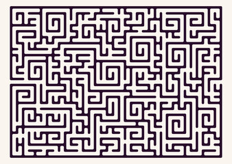 Rectangular shaped labyrinth (maze) design. Vector graphic illustration of maze (labyrinth) game with medium difficult exit.