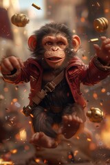 A monkey character with a grenade bomb in his hand. 3d illustration