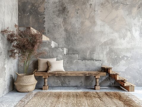 Loft interior design of modern entrance hall with staircase and rustic wooden bench near concrete wall