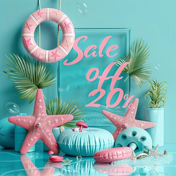 Sale Summer. Trendy Summer design with typography Sale off 25% 3d refreshing summer sale template with cute beach object and swimming pool. Concept of island vacation