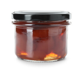 Tasty homemade quince jam in jar isolated on white - obrazy, fototapety, plakaty
