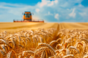 Wheat field and blurred combine harvester in a distance. Harvesting concept