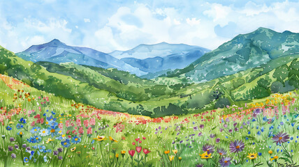 A painting of a mountain valley with a field of flowers