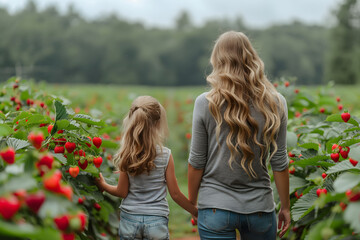 Mother and daughter stand on a farm in a strawberry field. Family connections through the joy of farming. Healthy outdoor living, nurturing love and learning