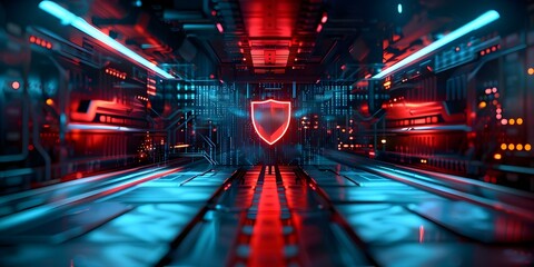 An illustration of a firewall defending against cyber threats in a futuristic setting. Concept Futuristic Technology, Digital Security, Cyber Threats, Firewall Defense, Illustration