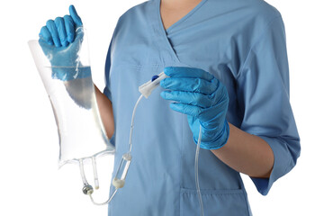 Nurse with IV infusion set on white background, closeup