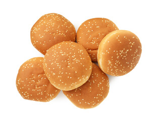 Fresh hamburger buns isolated on white, top view