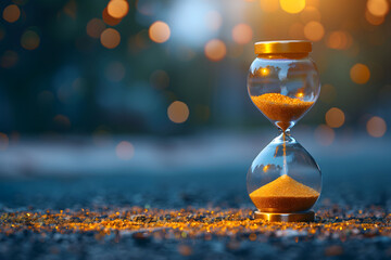Golden sand hourglass on twilight backdrop. Time passing concept, urgency, fleeting moments. Reflective surface, sparkling particles, metaphor for patience