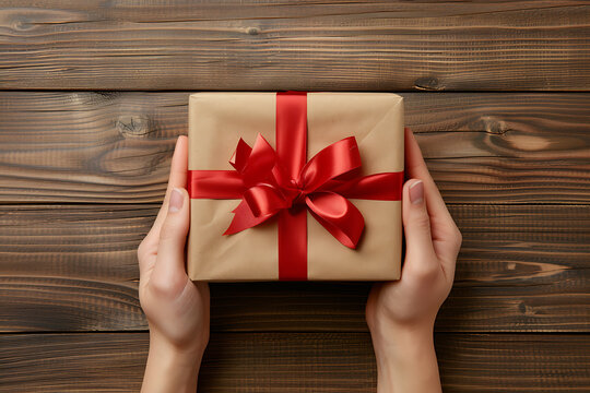 A heartwarming image of hands delicately holding a gift paper box adorned with a vibrant red ribbon, perfect for conveying love, celebration, and giving.