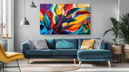 A colorful painting of a flower is hanging on the wall above a blue couch