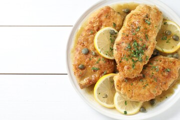 Delicious chicken piccata on white wooden table, top view. Space for text