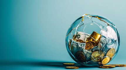 Concept economic crisis cracking glass globe filled with gold bars, cryptocurrencies and paper money - obrazy, fototapety, plakaty