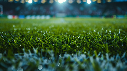 A soccer field with a blurry background and a bright light shining on the grass - obrazy, fototapety, plakaty