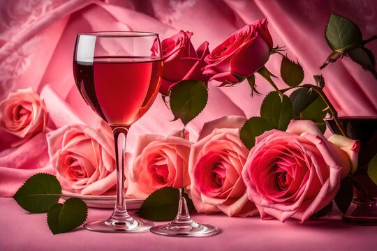 two glasses of red wine and roses, Transport yourself to a world of romance and elegance with an AI-generated image capturing the allure of two glasses of rose wine and roses on a soft pink background