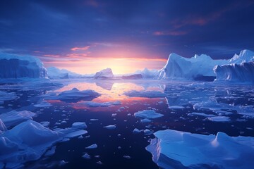 icebergs in the water with a sunset in the background - obrazy, fototapety, plakaty