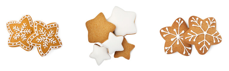 Tasty star shaped Christmas cookies isolated on white, top view