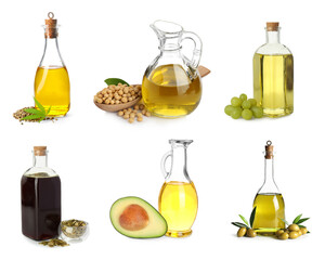 Vegetable fats. Different cooking oils and ingredients isolated on white, set